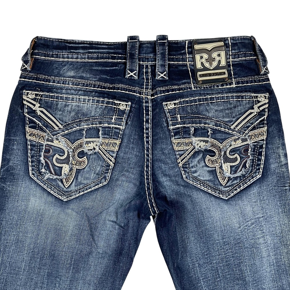 Rock Revival Pranit Slim Bootcut Jeans Mens 33x30 Distressed Stretch Cowboy Blue